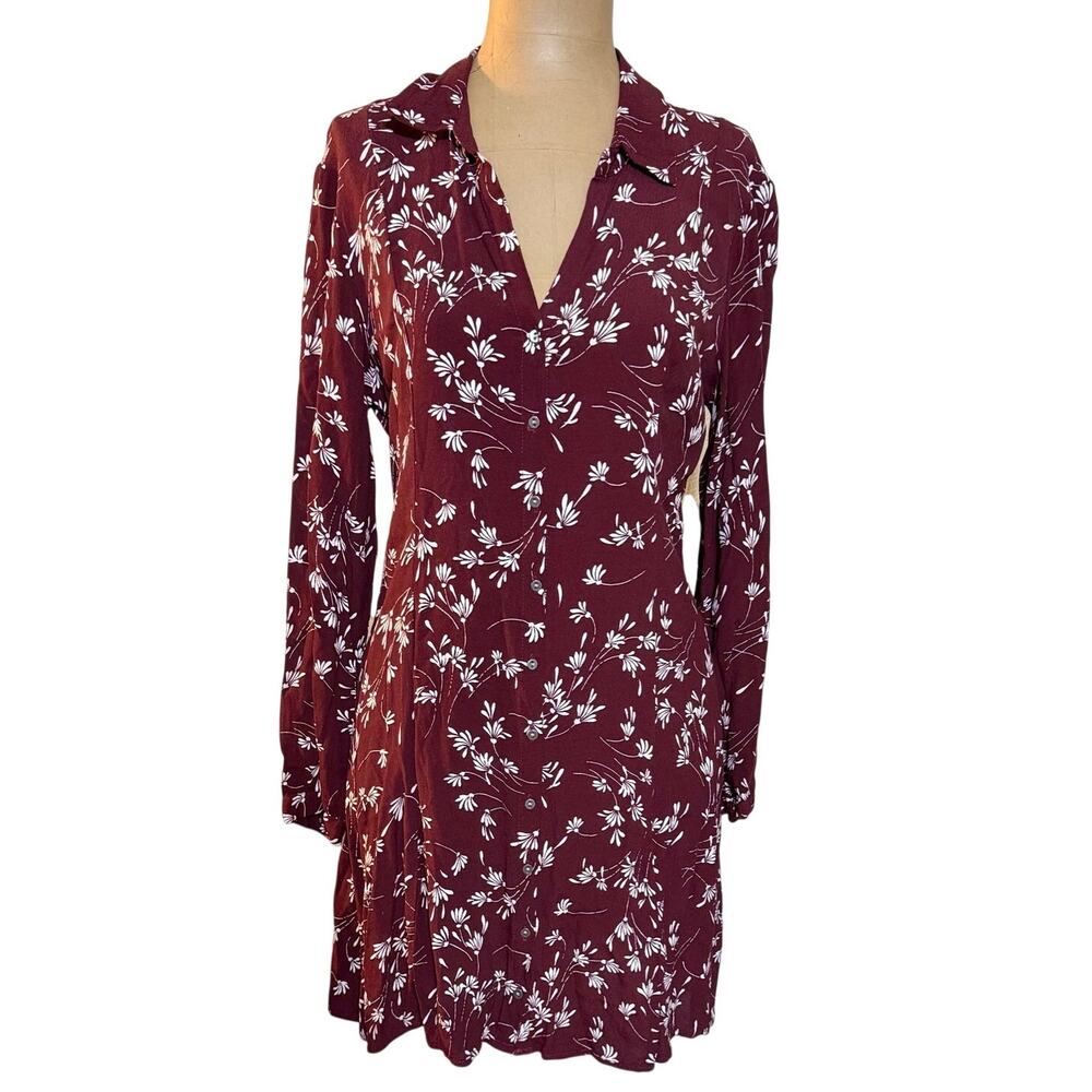 Abercrombie Mini Dress Burgundy Long Sleeve Button Front White Floral Small